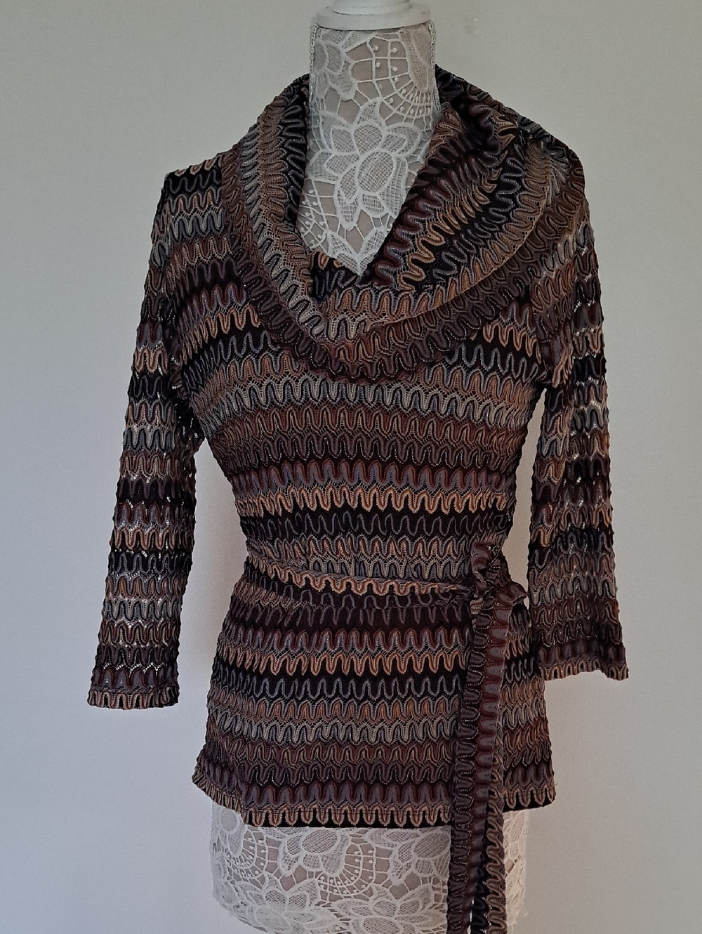 INC International Concepts Brown Knit Top with Multicolor Accented Yoke